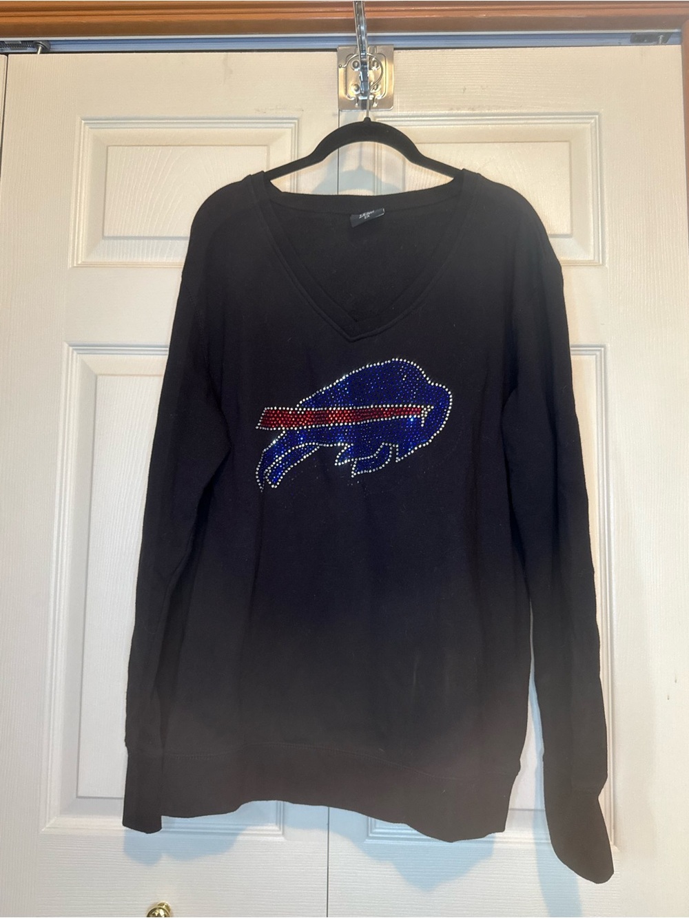 NFL Black V-Neck Sweater with Blue and Red Rhinestone Logo-2X